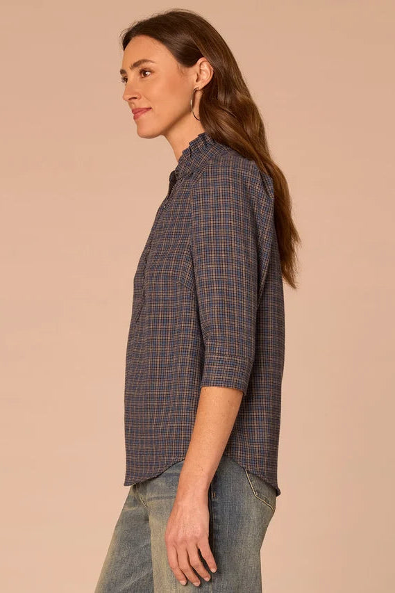 3/4 Sleeve Ruffle Collar Plaid Blouse in Midnight Sapphire