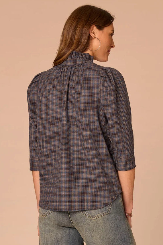 3/4 Sleeve Ruffle Collar Plaid Blouse in Midnight Sapphire