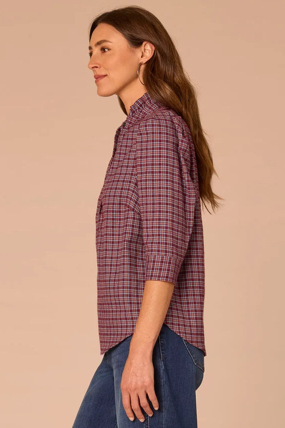 3/4 Sleeve Ruffle Collar Plaid Blouse in Plum Nile Blue