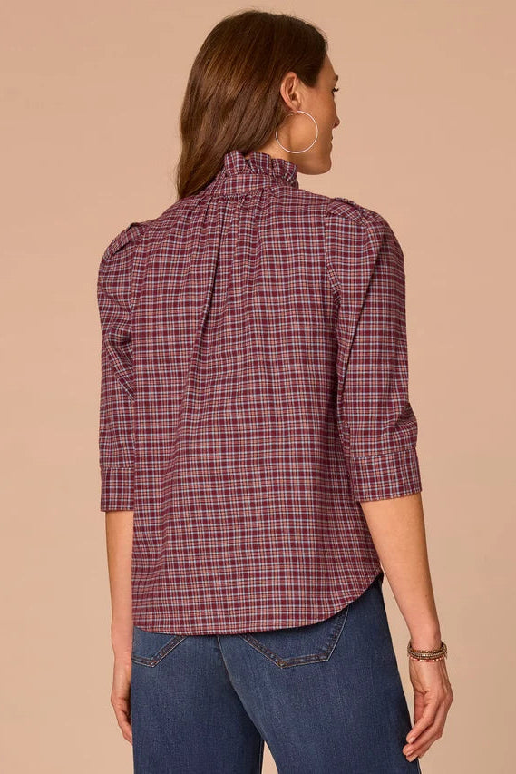 3/4 Sleeve Ruffle Collar Plaid Blouse in Plum Nile Blue