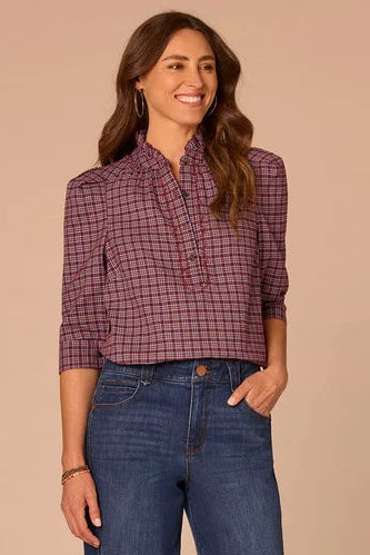 3/4 Sleeve Ruffle Collar Plaid Blouse in Plum Nile Blue