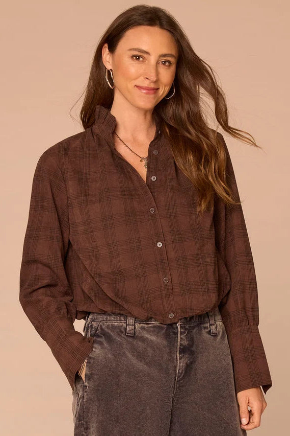 French Cuff Hi-Lo Ruffle Neck Blouse