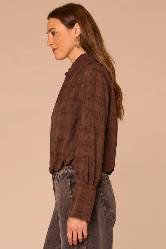 French Cuff Hi-Lo Ruffle Neck Blouse