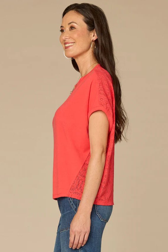 Lace Back Short Sleeve Tee in Tangerine