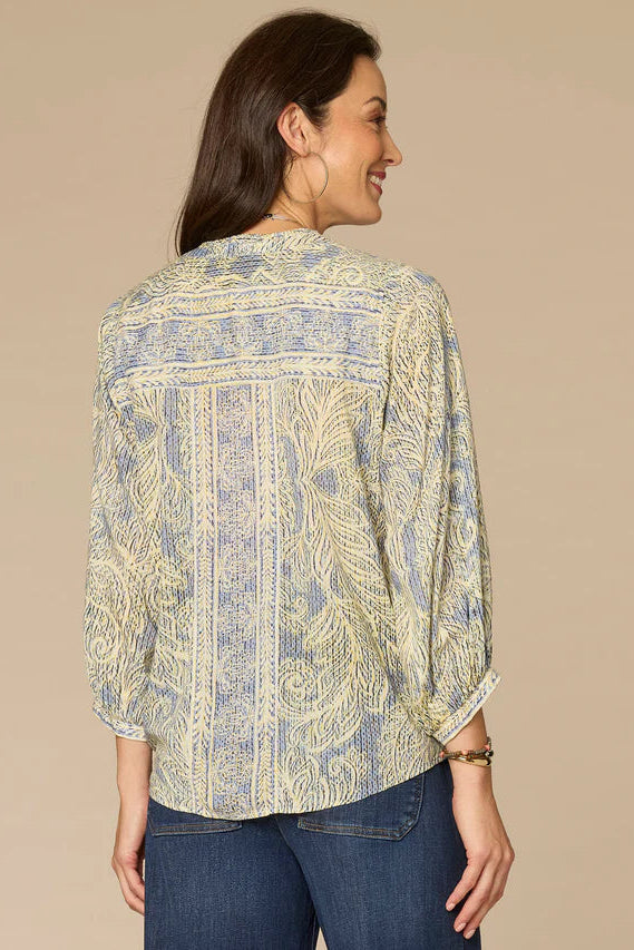 Blouson Sleeve Pleated Button Down Top in Provence Blue