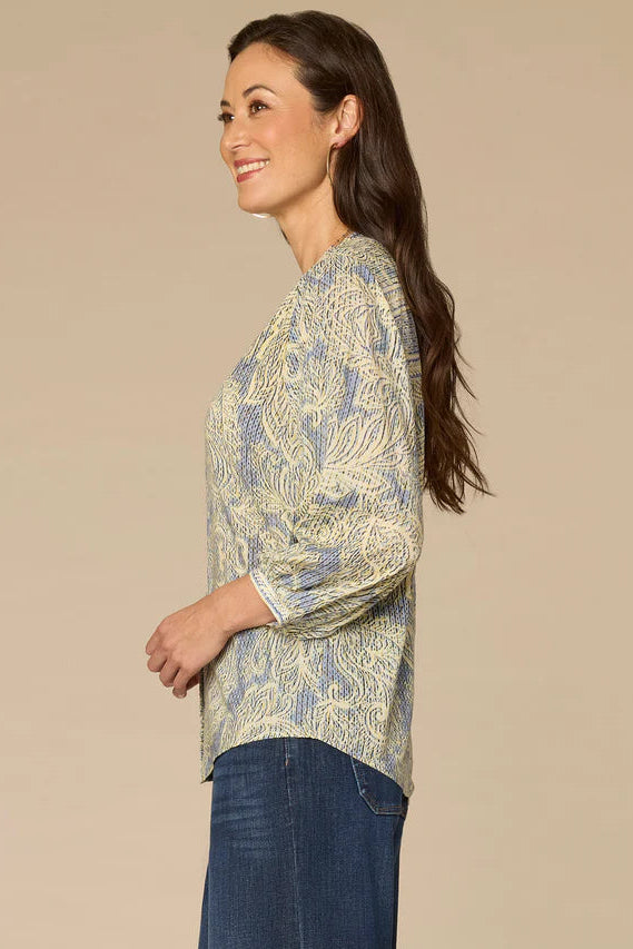 Blouson Sleeve Pleated Button Down Top in Provence Blue
