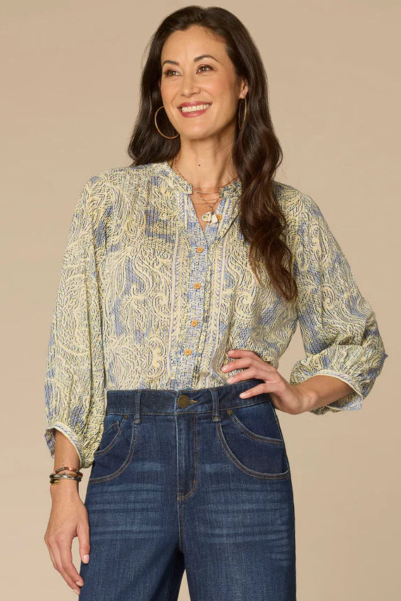Blouson Sleeve Pleated Button Down Top in Provence Blue