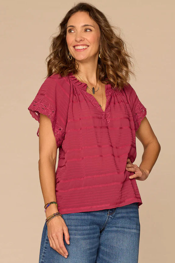 Embroidered Woven Top in Beet