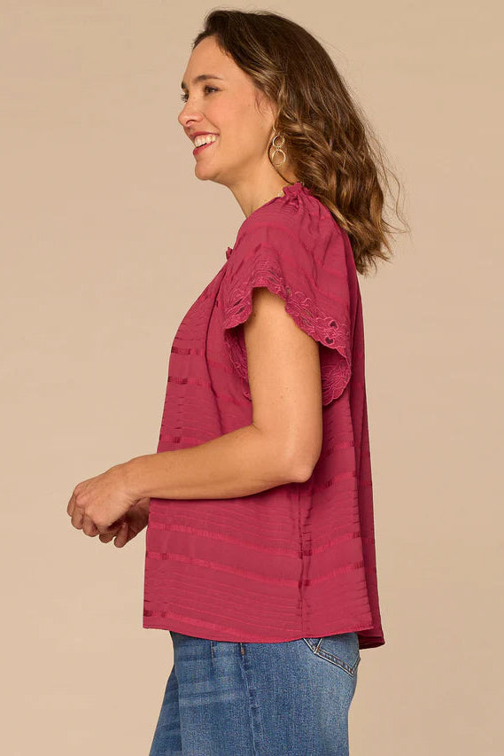 Embroidered Woven Top in Beet