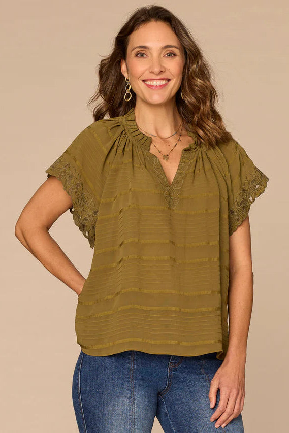 Embroidered Woven Top in Harvest Green