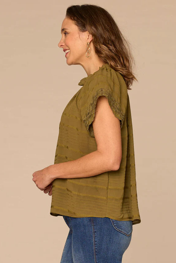 Embroidered Woven Top in Harvest Green