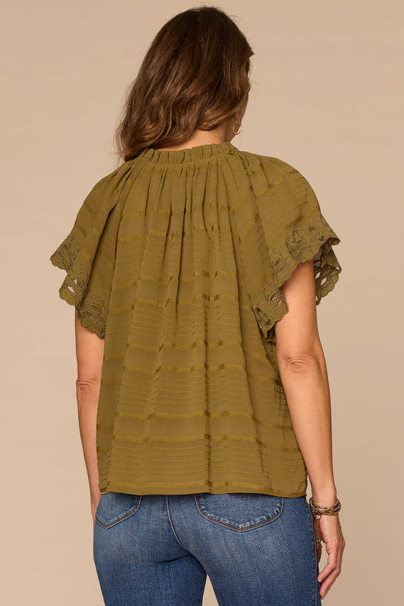 Embroidered Woven Top in Harvest Green