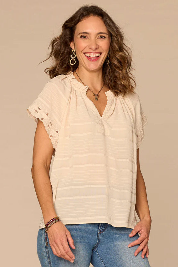 Embroidered Woven Top in Soft Linen