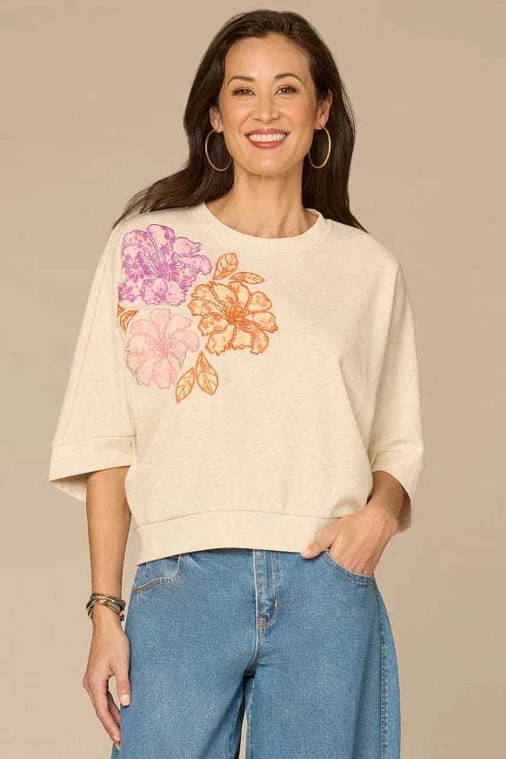 Three Quarter Sleeve Embroidered Knit Top