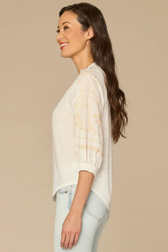 Ruffle Neck Blouson Sleeve Mixed Media Top