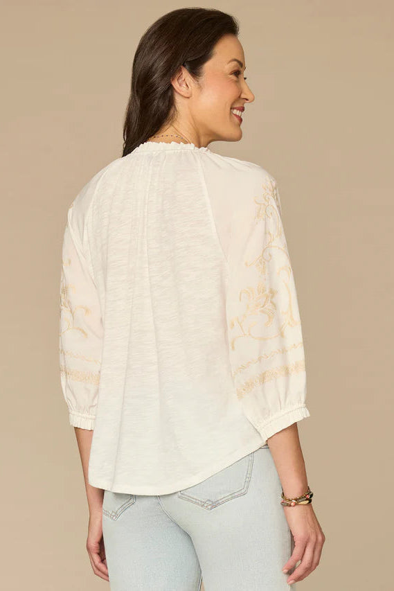 Ruffle Neck Blouson Sleeve Mixed Media Top