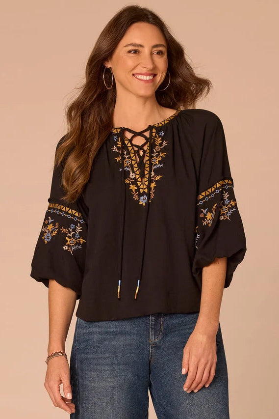 3/4 Raglan Sleeve Blouse with Lace Up V-Neck