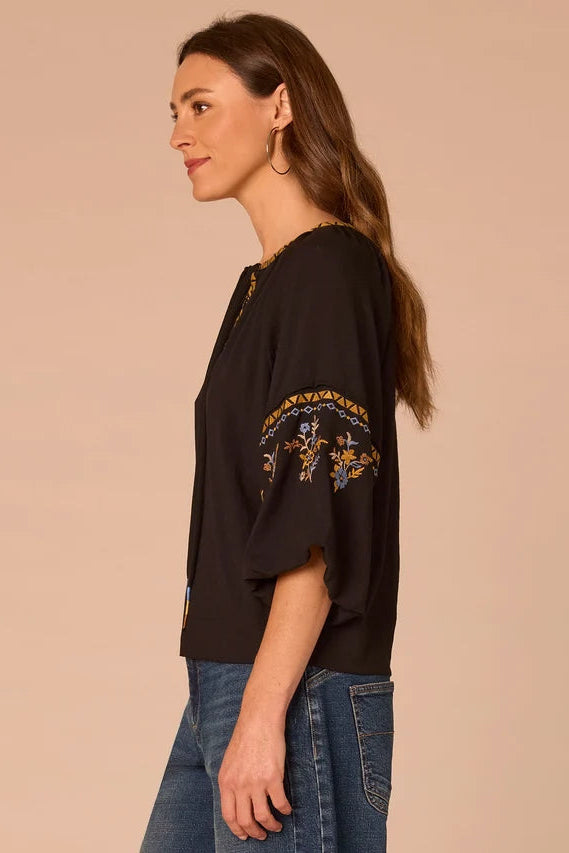 3/4 Raglan Sleeve Blouse with Lace Up V-Neck