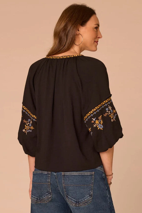 3/4 Raglan Sleeve Blouse with Lace Up V-Neck