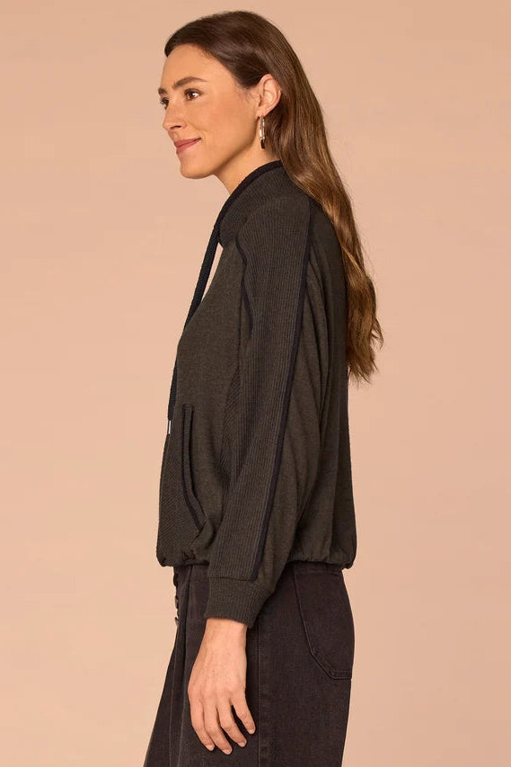 Kangaroo Pocket High Tie Neck Sweatshirt in Duffle Green