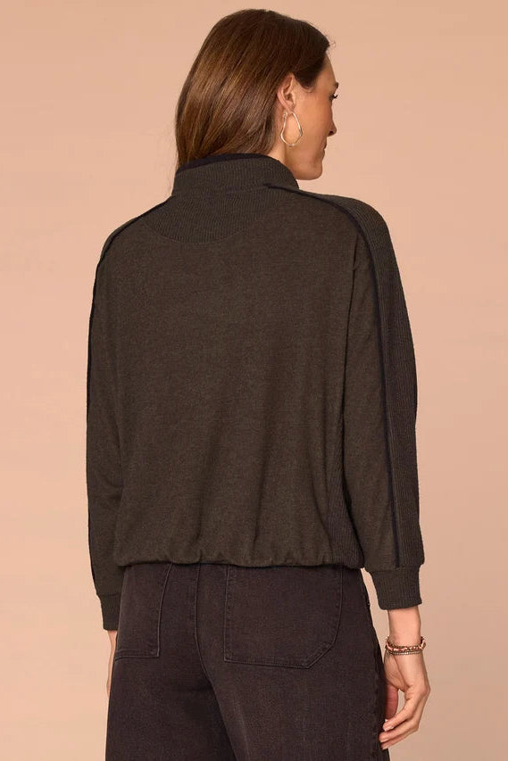 Kangaroo Pocket High Tie Neck Sweatshirt in Duffle Green