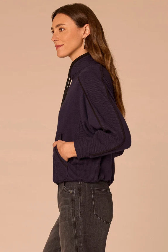 Kangaroo Pocket High Tie Neck Sweatshirt in Evening Blue
