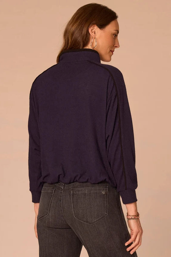 Kangaroo Pocket High Tie Neck Sweatshirt in Evening Blue