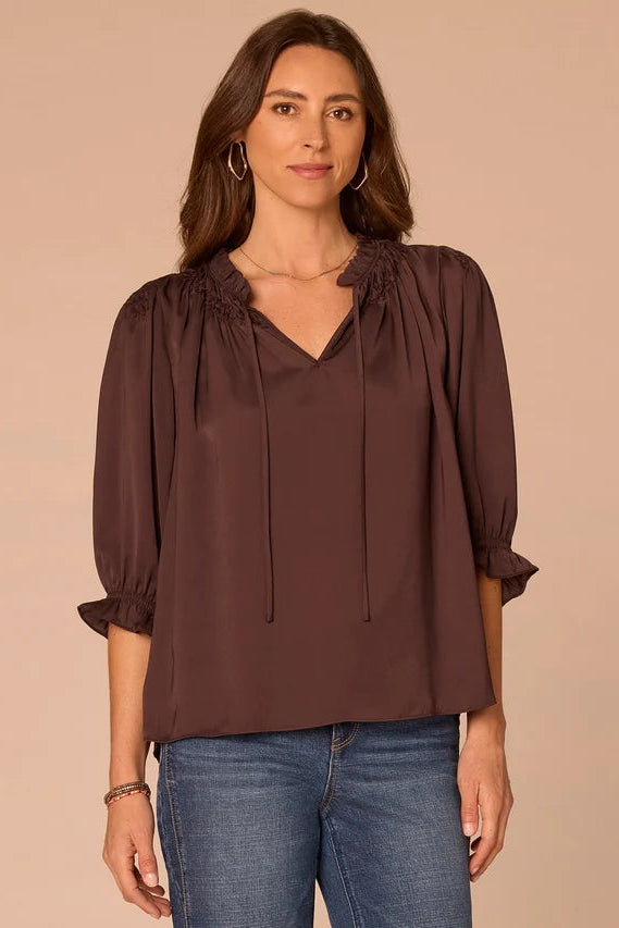 Embroidered Ruffle Neck Blouse with 3/4 Flounce Sleeve