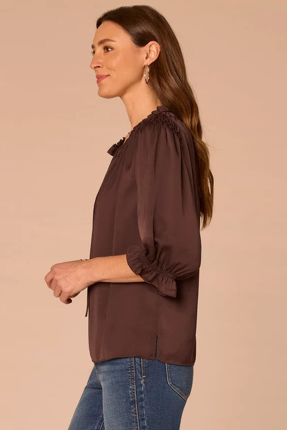 Embroidered Ruffle Neck Blouse with 3/4 Flounce Sleeve