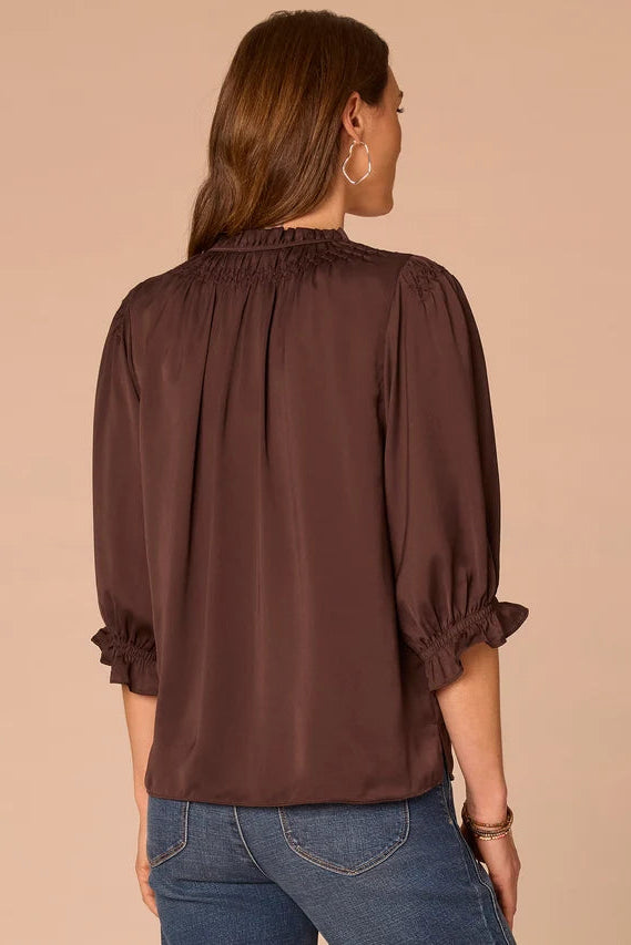 Embroidered Ruffle Neck Blouse with 3/4 Flounce Sleeve