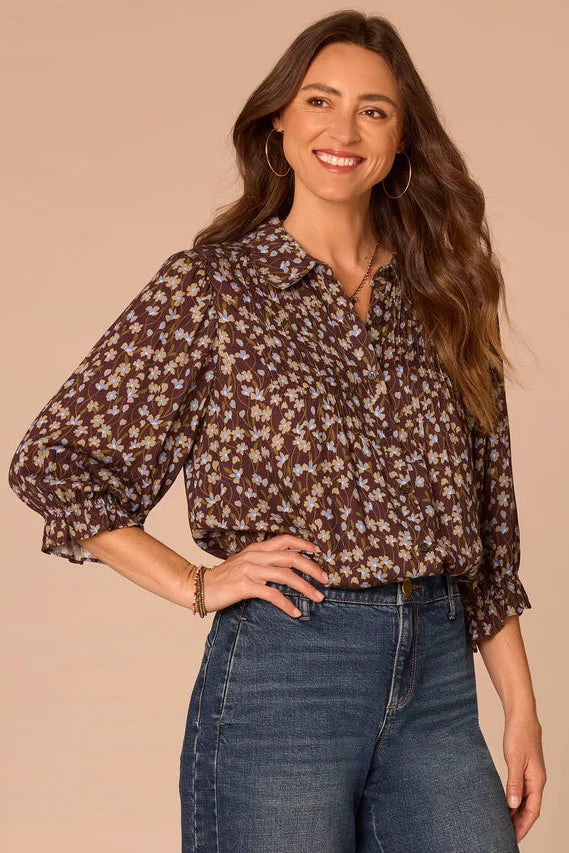 3/4 Cinched Flounce Sleeve Blouse with Scallop Collar