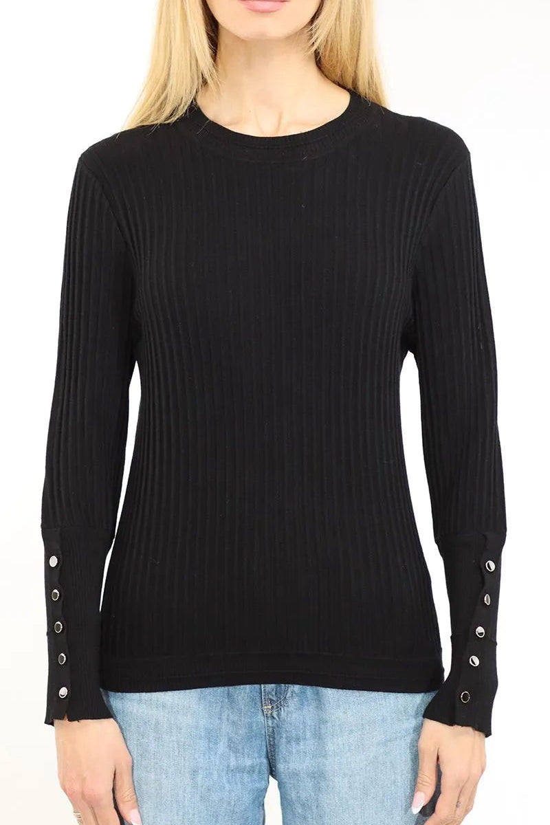 Ribbed Crew Neck Long Sleeve Sweater in Black