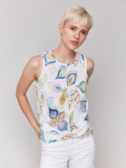 Printed Sleeveless Top w/ Twisted Hem - Feathers