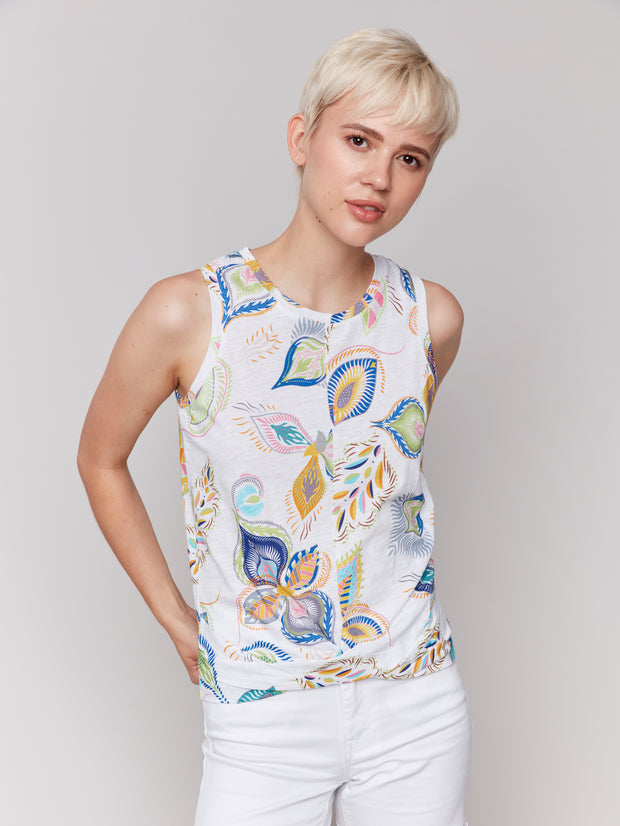 Printed Sleeveless Top w/ Twisted Hem - Feathers