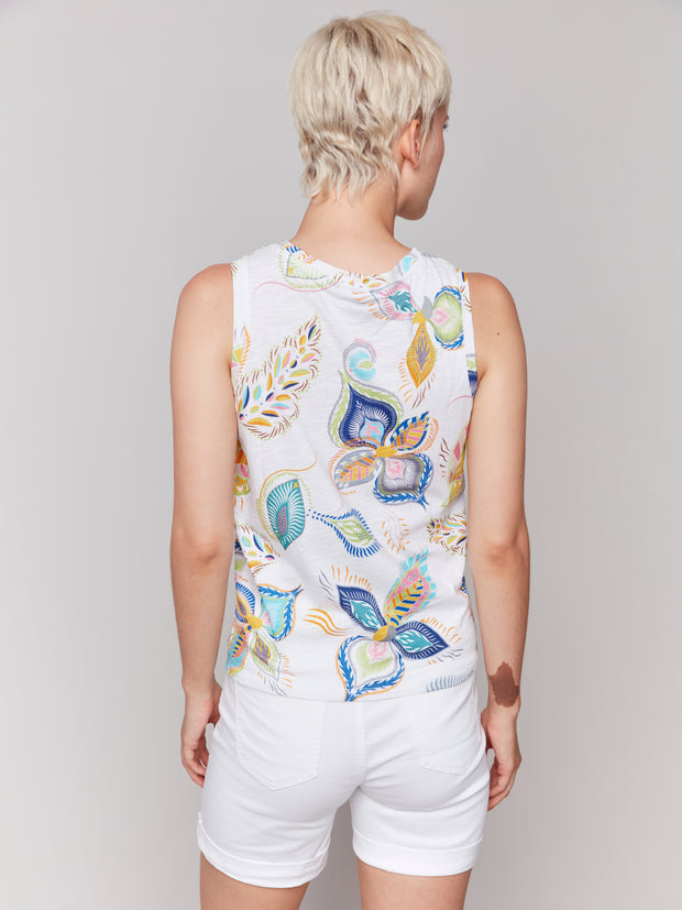 Printed Sleeveless Top w/ Twisted Hem - Feathers