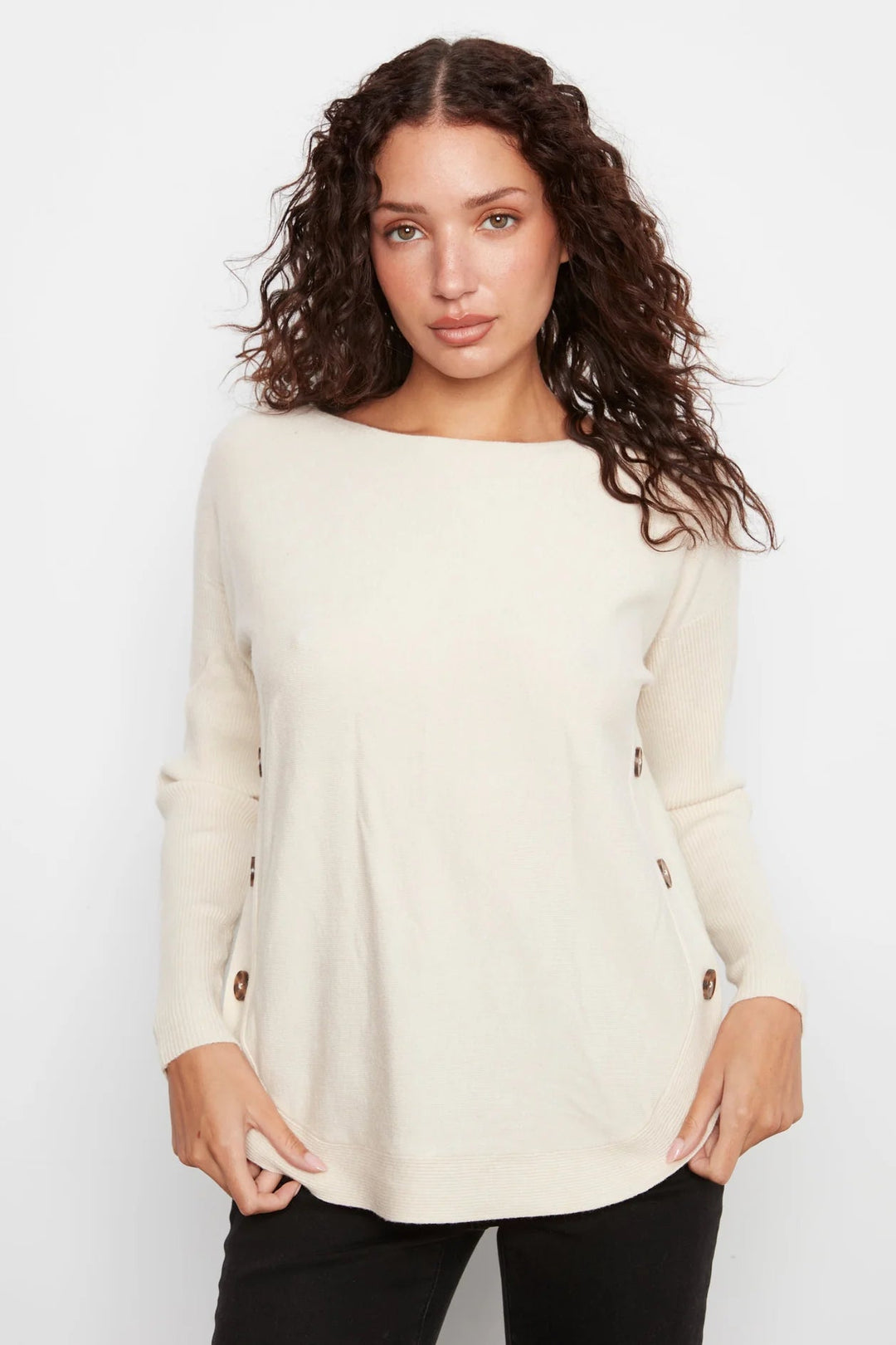 Drop Sleeve Boat Neck Sweater in Natural Chine