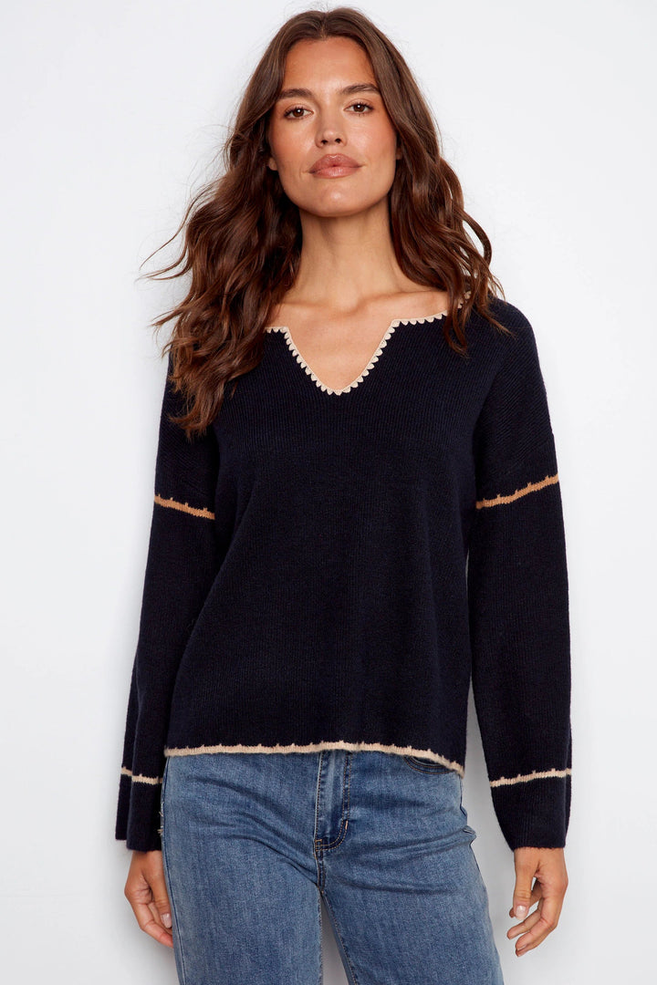 Embroidered Notch Neck Sweater