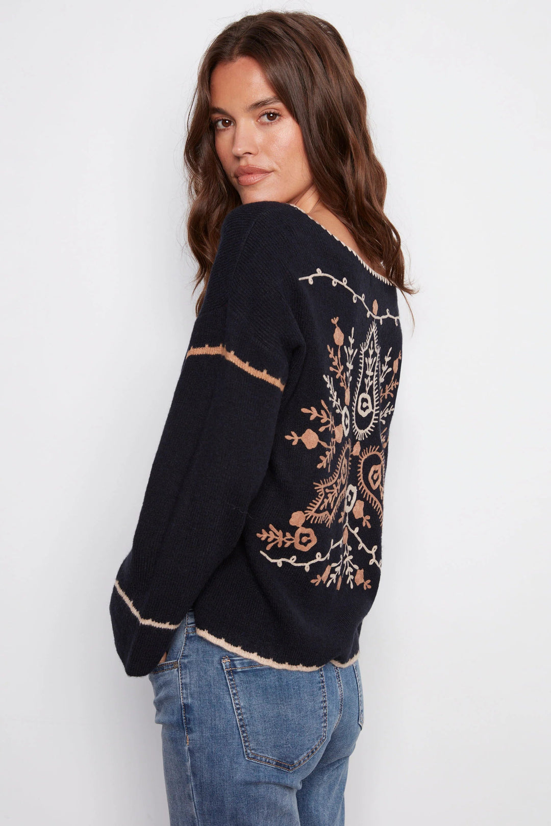 Embroidered Notch Neck Sweater