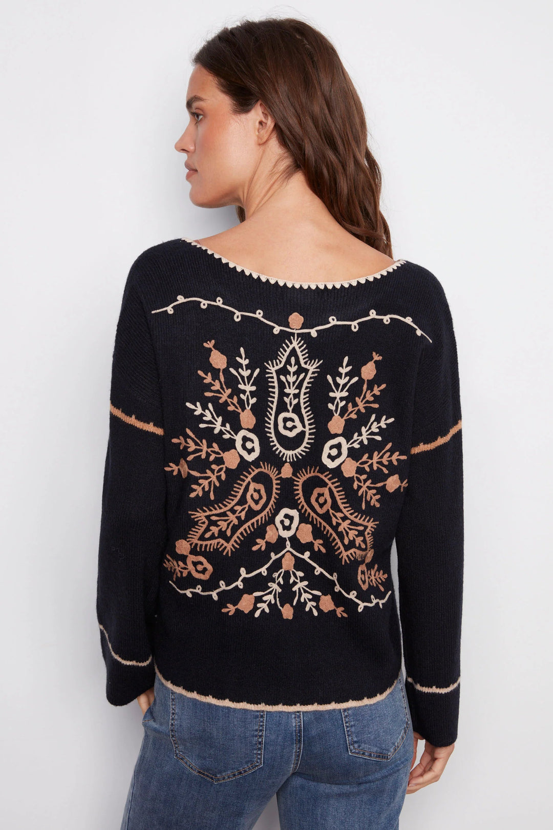 Embroidered Notch Neck Sweater