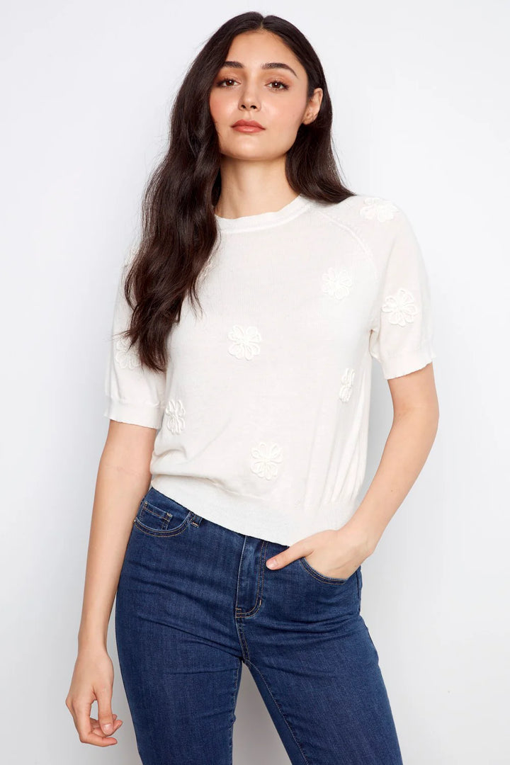 Elbow Sleeve Floral Applique Sweater in White