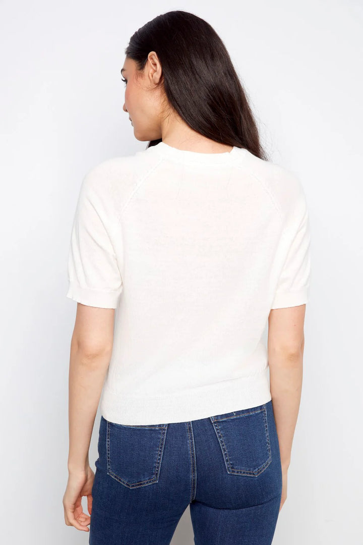 Elbow Sleeve Floral Applique Sweater in White