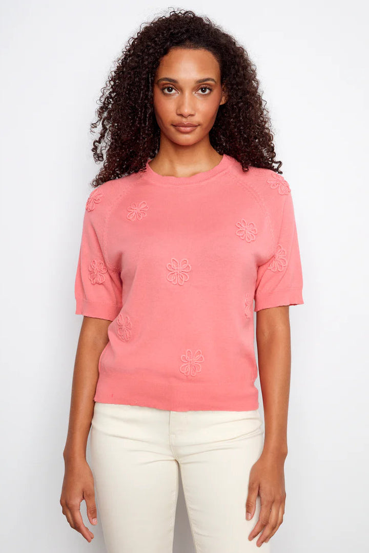 Elbow Sleeve Floral Applique Sweater in Apricot