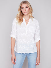 Half Button Embroidered Cotton Blouse