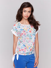 Printed Linen Top w/ Side Tie - Flowers
