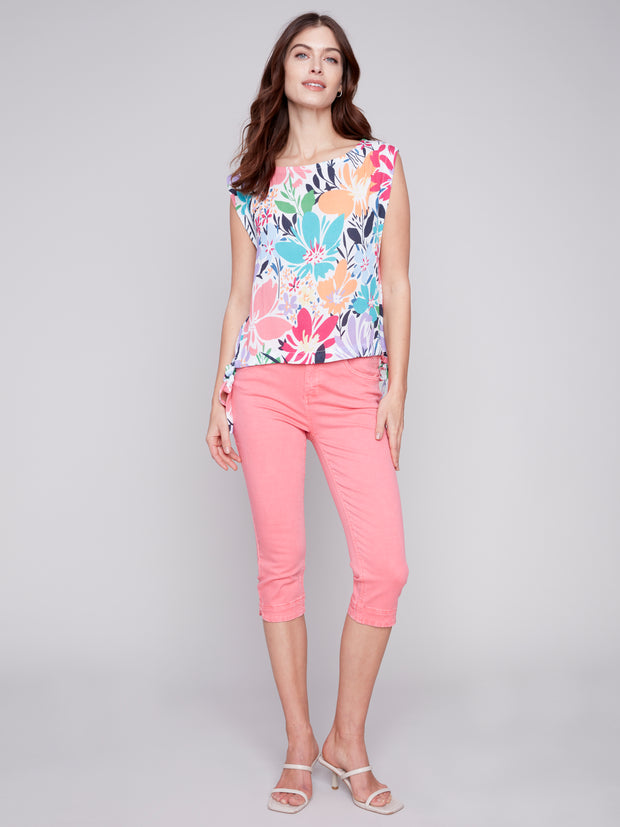 Printed Sleeveless Blouse with Side Ties