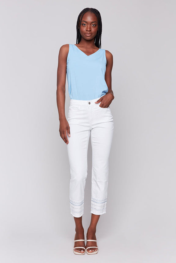 Embroidered Hem Jean in White