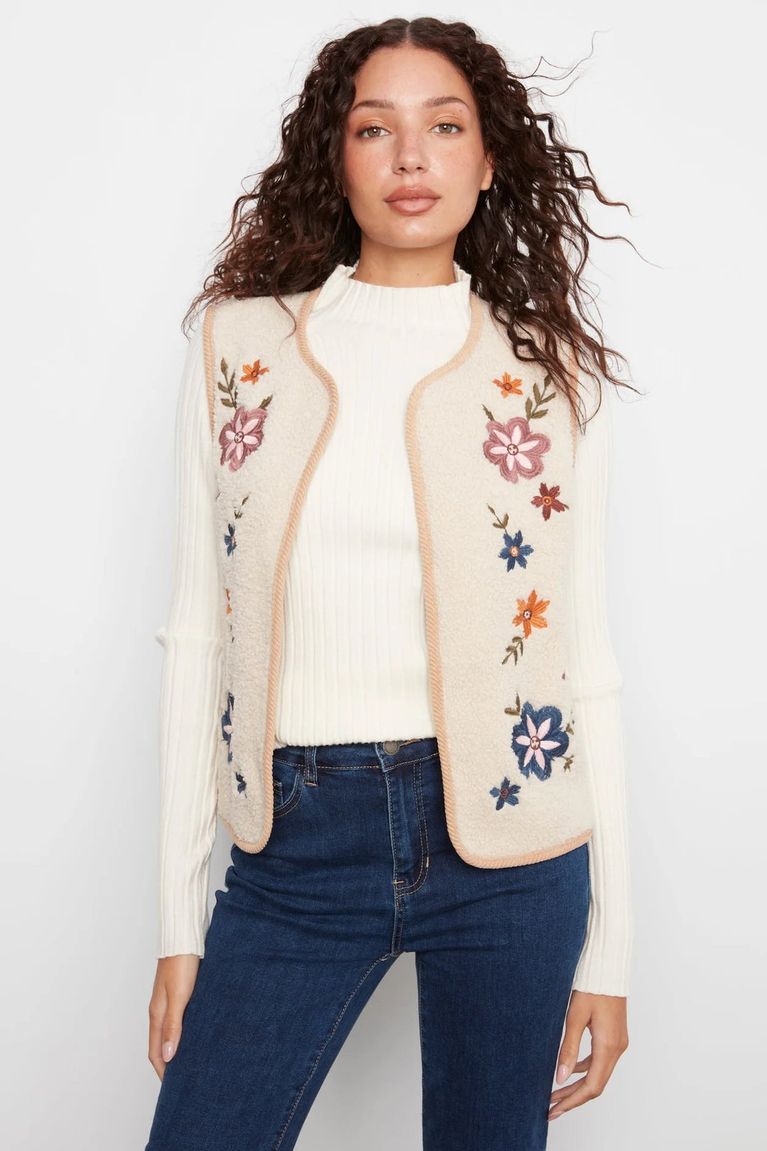 Reversible Sherpa Vest with Embroidered Florals