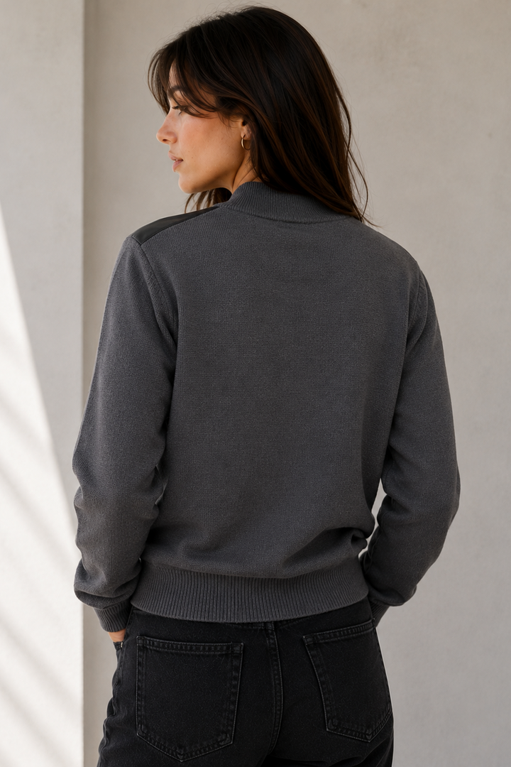 Double Knit Coated Zip Front Cardigan in Midnight Navy