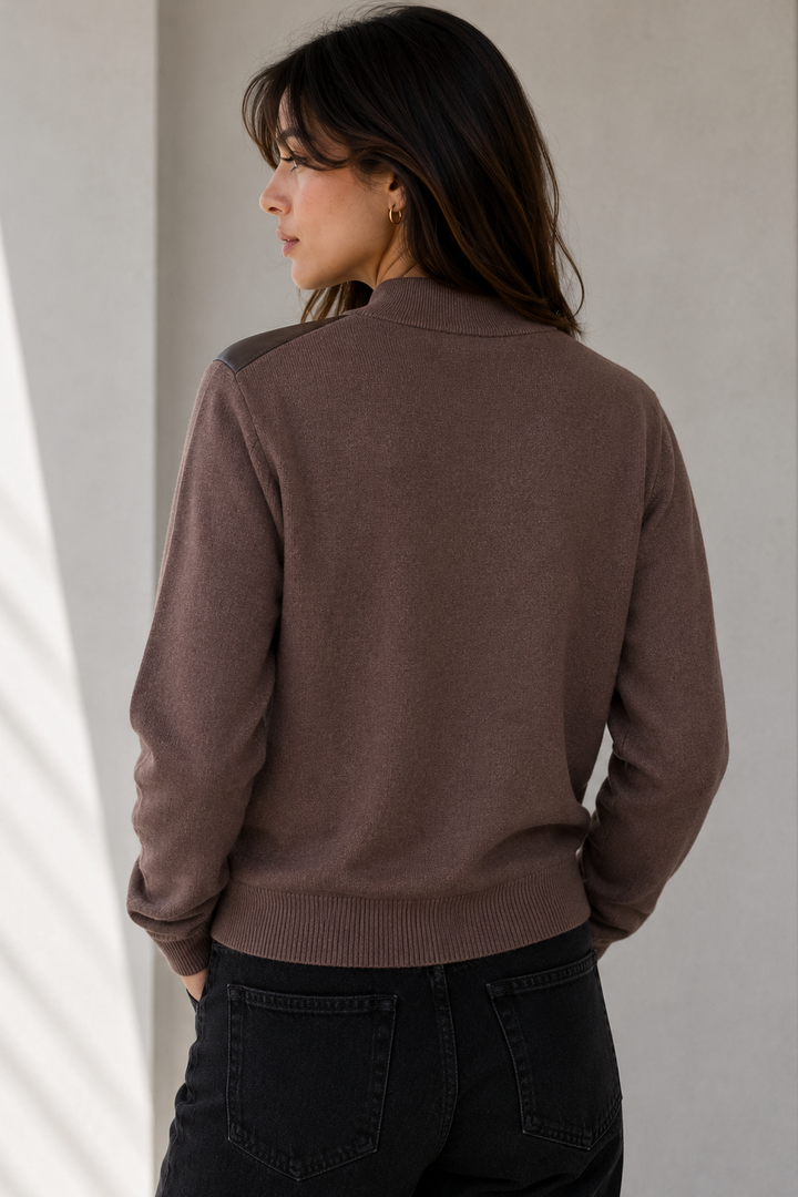 Double Knit Coated Zip Front Cardigan in Chocolate Truffle