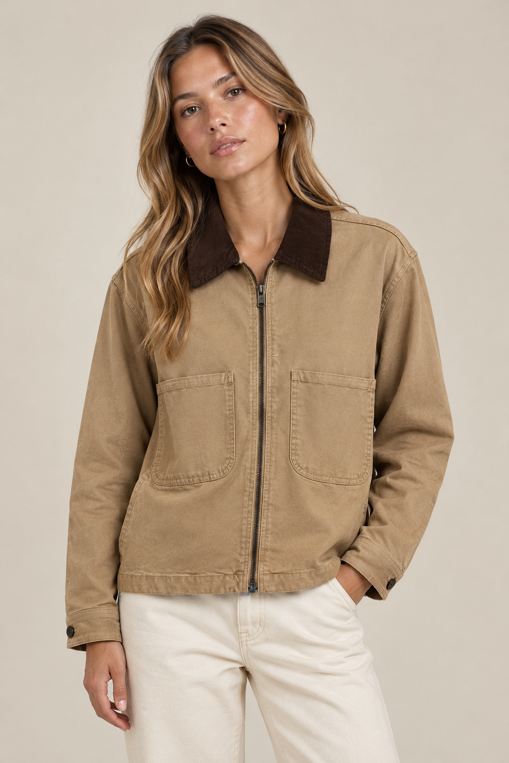 Denim Barn Jacket with Khaki Corduroy Collar